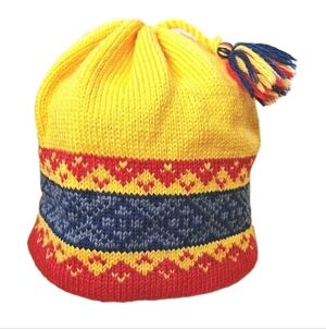 Vtg USA Turtle Fur Wool Yarn Beanie Ski Nordic Aztec Yellow Pom-pom Stocking Hat